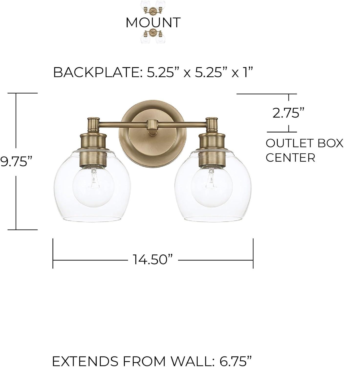 Aged Brass and Clear Glass 2-Light Vanity Fixture