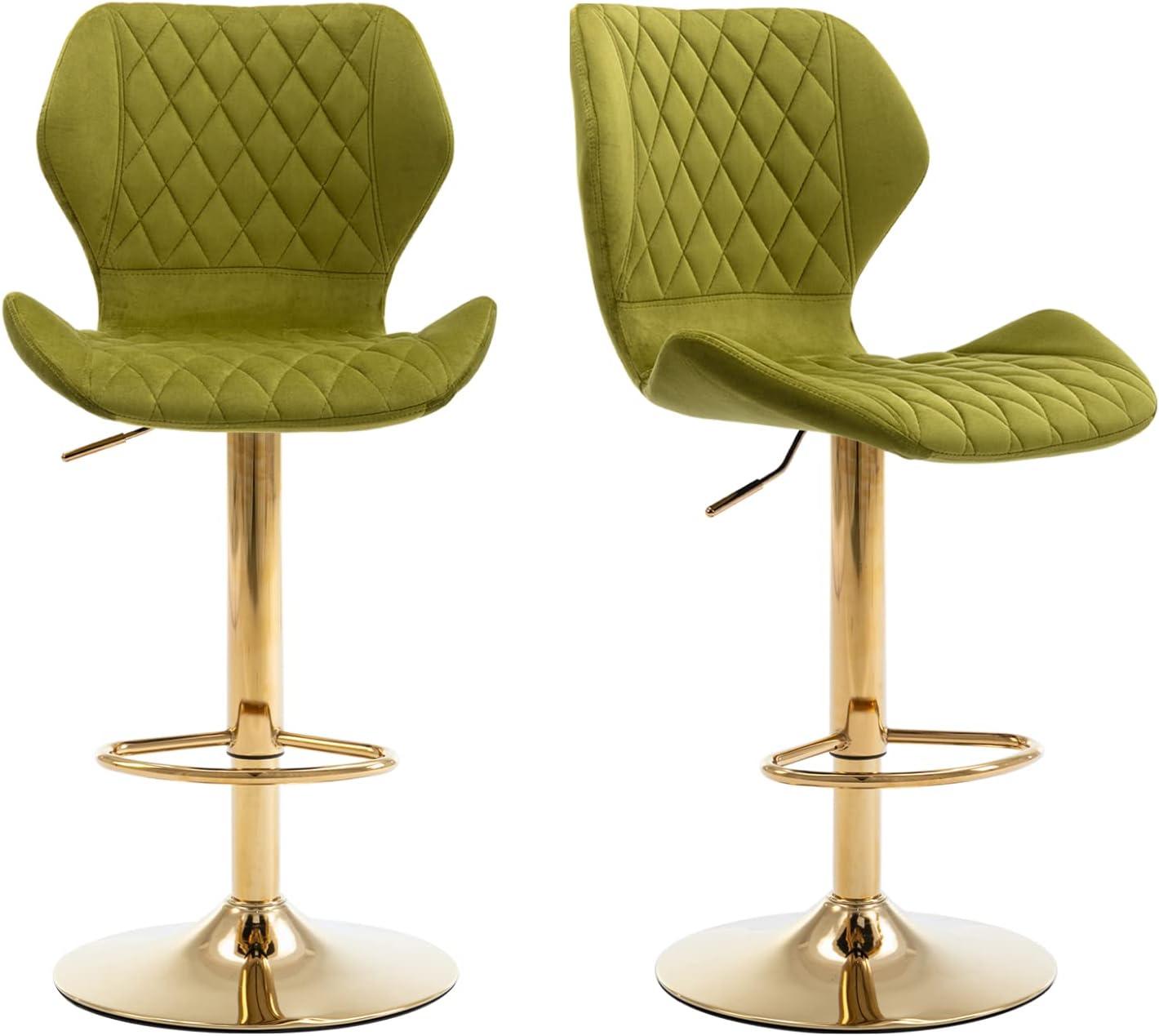 Domiluxe Modern Swivel Bar Stools Set of 2,Velvet Adjustable Counter Height Chairs with Backs, Counter Height Bar Stools with Golden Color Base for Home Kitchen Dining Room,Green