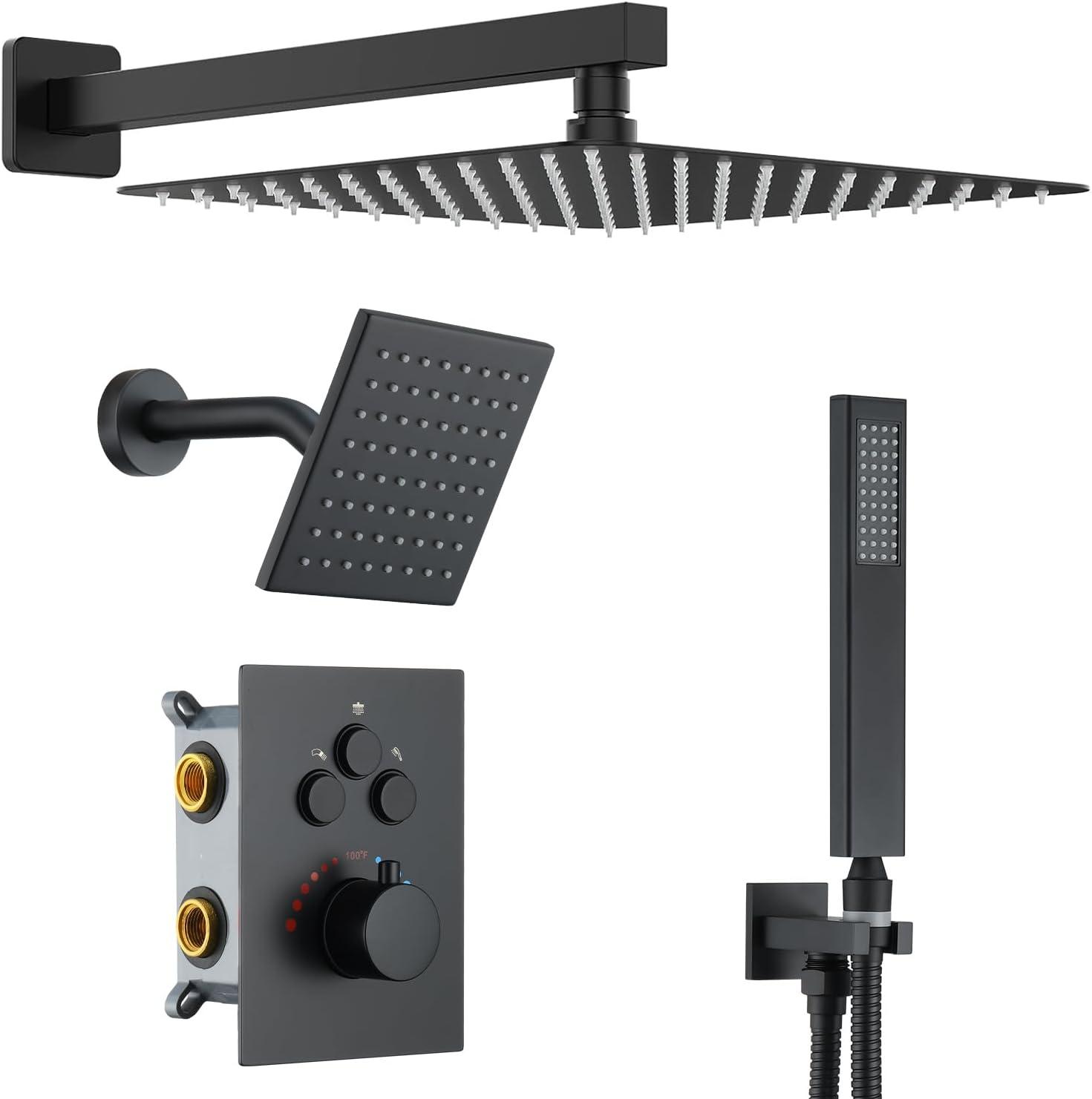 Rainfall Symphony 12inch 3-Function Dual Shower Head Thermostatic Shower System with 3 Sprays Handheld
