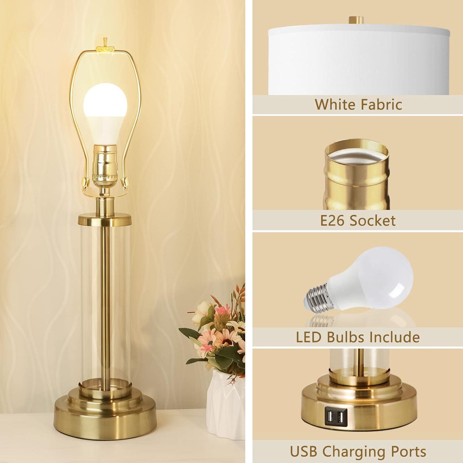 QiMH Lamps for Bedrooms Set of 2, Touch Control Table Lamps with Dual USB Ports, 3-Way Dimmable Bedside Lamp with Fabric Lampshade, Modern Nightstand Lamp for Living Room Bedroom (LED Bulbs Included)