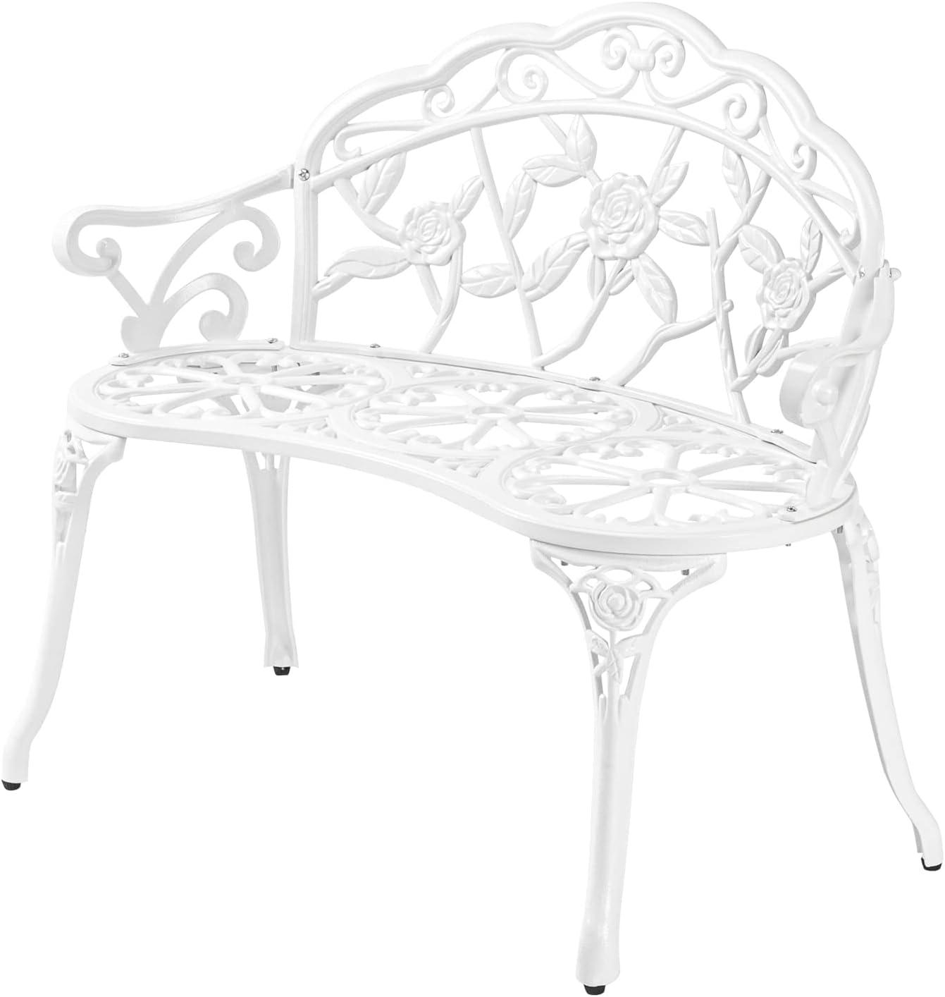 WANCQ 38.5" Patio Park Garden Outdoor Metal Rose Bench,Cast Iron Cast Aluminium Frame Antique Finish Chair,Accented Lawn Front Porch Path Yard Decor Deck Furniture for 2 Person Seat（White)