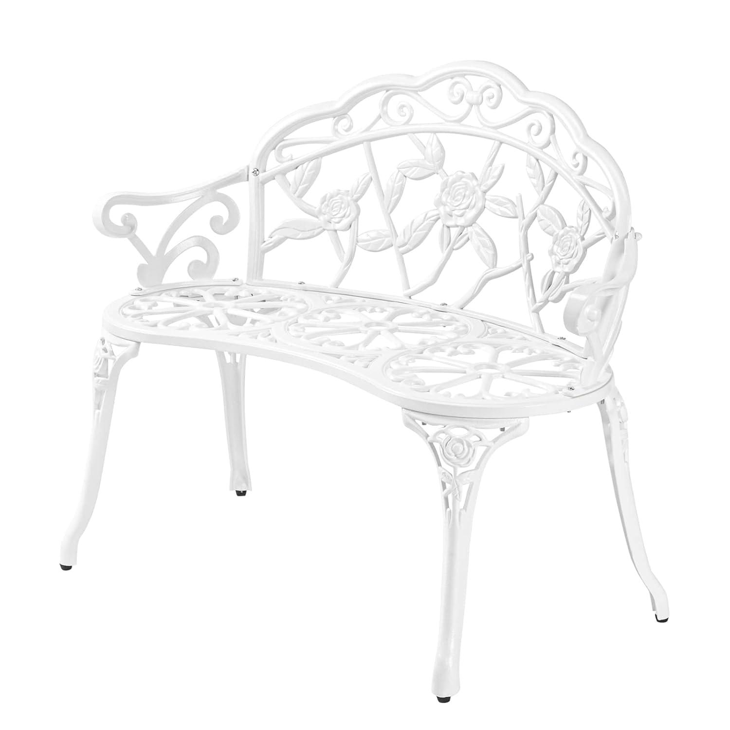 WANCQ 38.5" Patio Park Garden Outdoor Metal Rose Bench,Cast Iron Cast Aluminium Frame Antique Finish Chair,Accented Lawn Front Porch Path Yard Decor Deck Furniture for 2 Person Seat（White)
