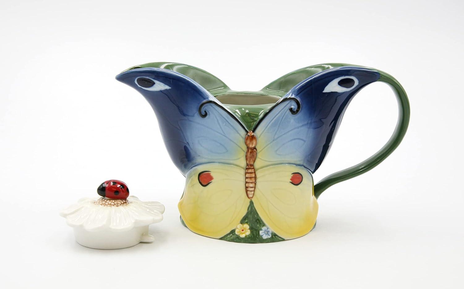 Whimsical Ceramic Butterfly Teapot with Ladybug Lid, 12 oz