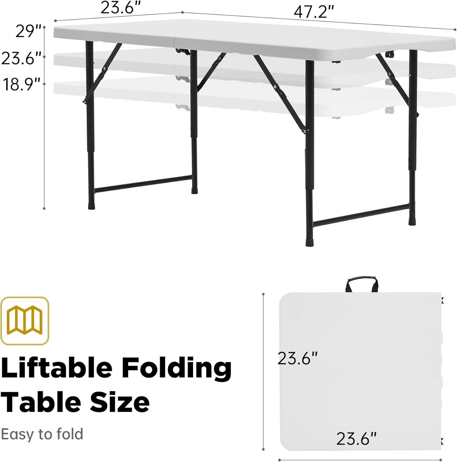 4 ft Portable Folding Table, Idustrial Heavy-Duty Foldable Table, HDPE Plastic Table, with Carrying Handle, Locks, Stright Legs for Indoor & Outdoor Party, Barbeque, Camping, Board Games - White