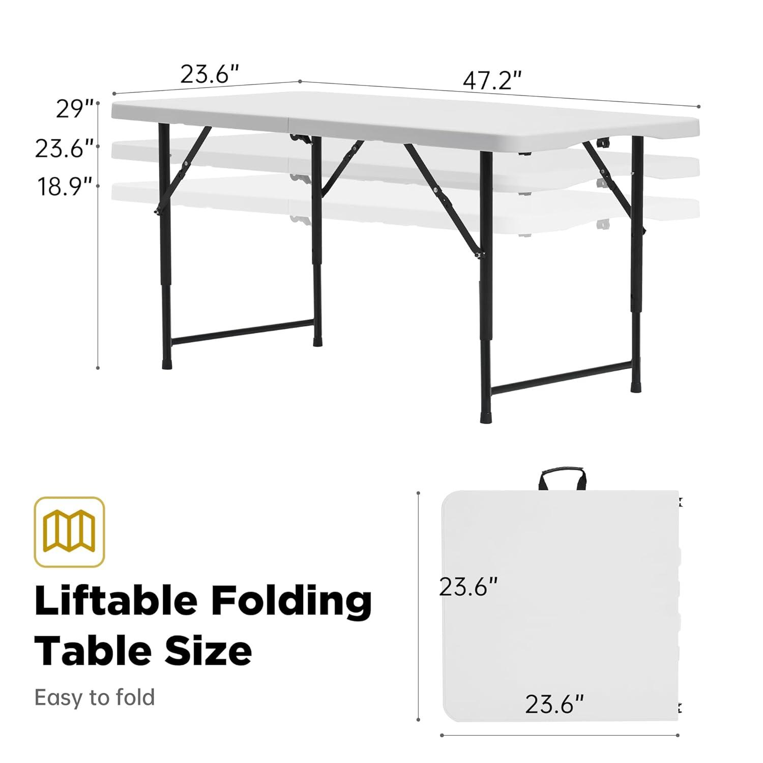 4 ft Portable Folding Table, Idustrial Heavy-Duty Foldable Table, HDPE Plastic Table, with Carrying Handle, Locks, Stright Legs for Indoor & Outdoor Party, Barbeque, Camping, Board Games - White