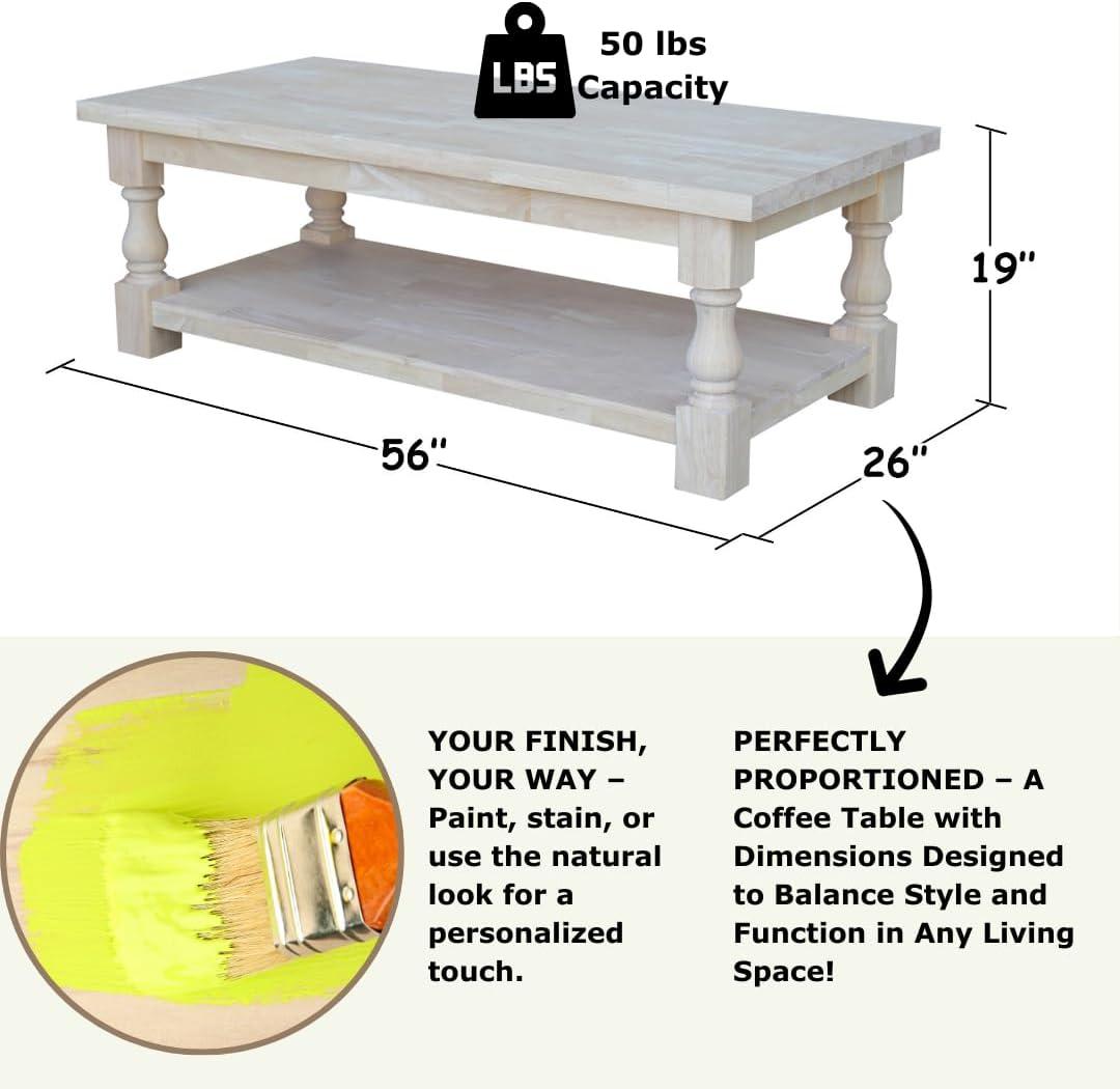 Tuscan Coffee Table - Unfinished - International Concepts: 56" Large Hardwood Coffee Table for Living Room with Fixed Shelf