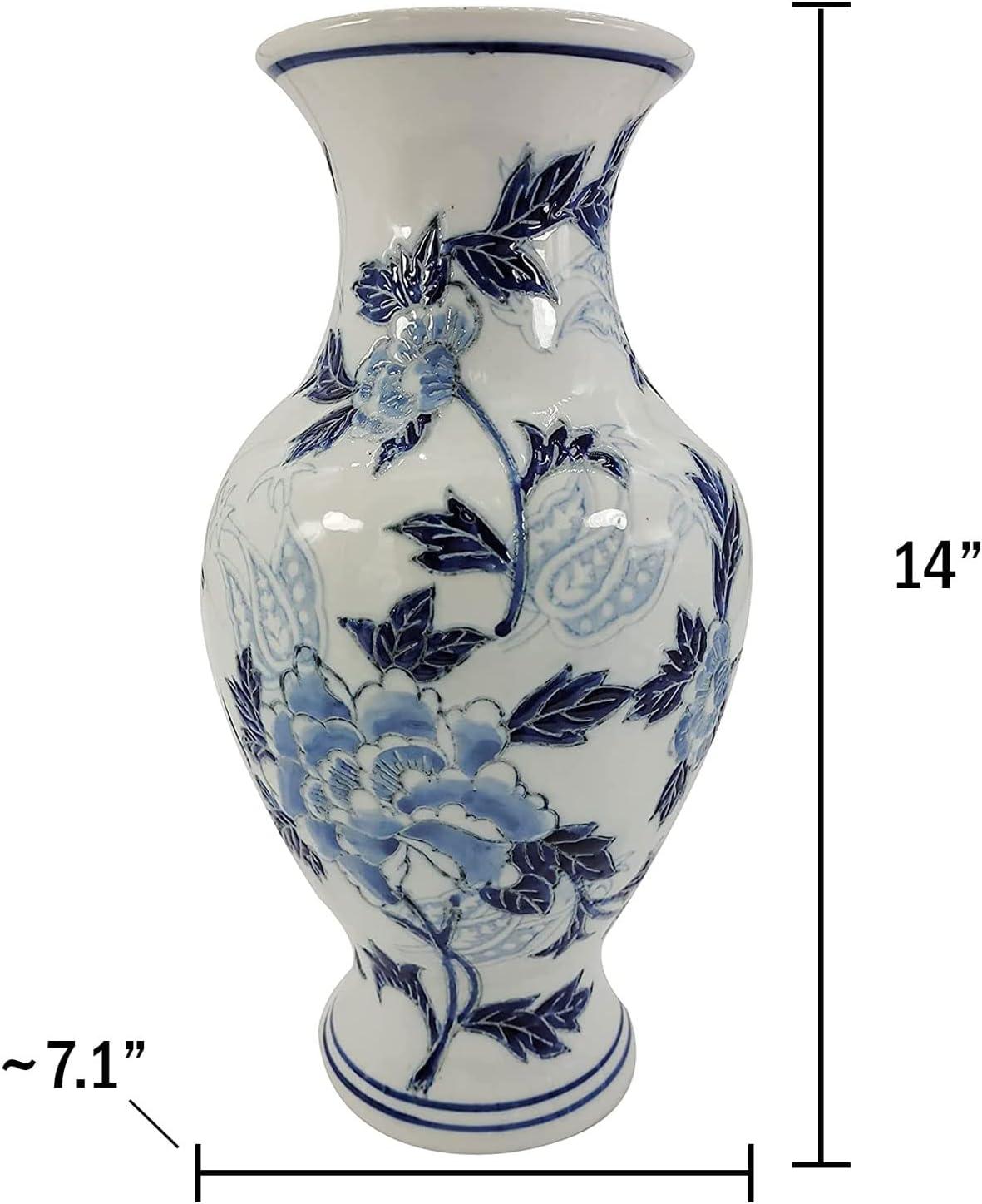 Dark Blue Floral Chinoiserie Ceramic Vase with White Accents