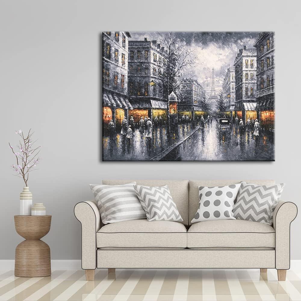 Wieco Art Paris Street View Extra Large Modern Contemporary Cityscape Canvas Print of Oil Paintings Artwork Decorative Landscape Canvas Wall Art for Home Decorations Wall Decor 48"x36"