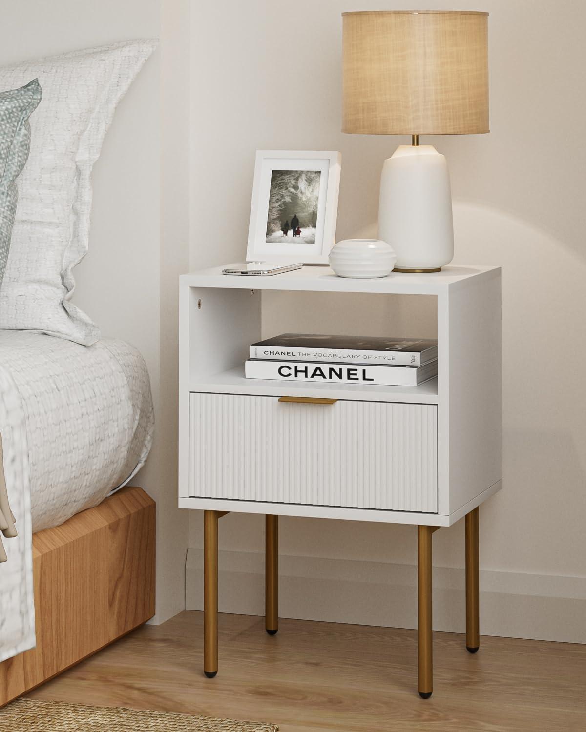 White and Gold Modern Nightstand with Drawer and Shelf