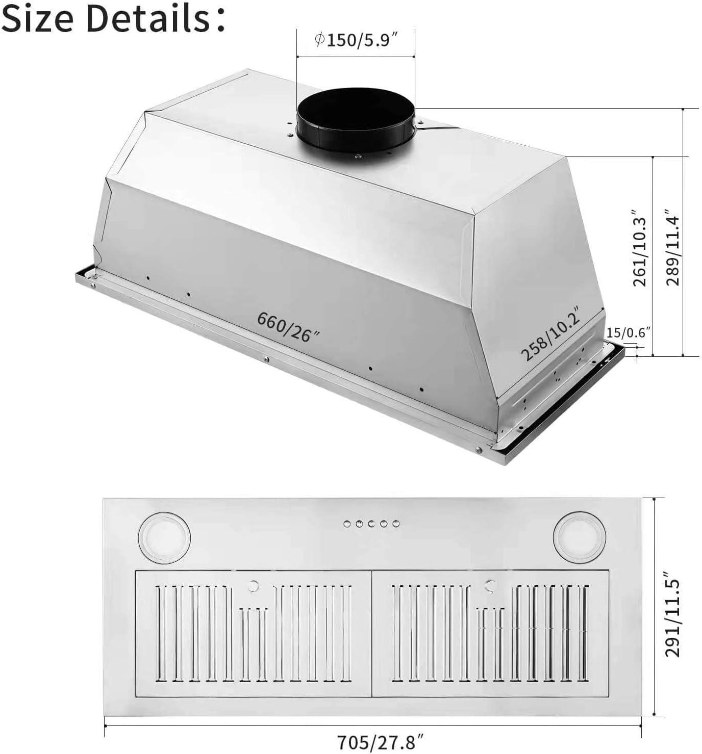 Zomagas 30 inch Built-in Range Hood 600CFM Stainless Steel Kitchen Cook Insert Vent with Led Lights