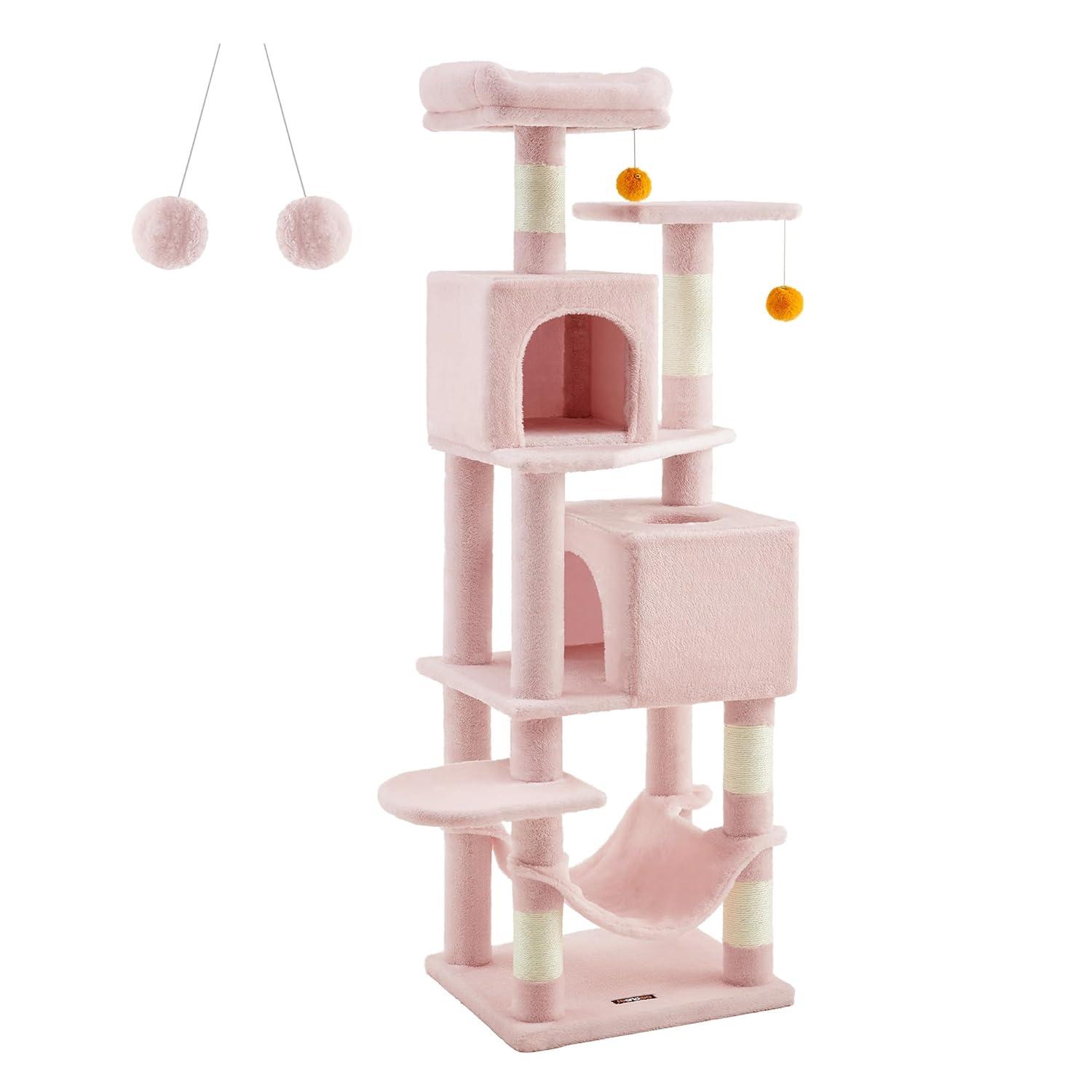 Feandrea Cat Tree, 61-Inch Cat Tower for Indoor Cats, Plush Multi-Level Cat Condo with 5 Scratching Posts, 2 Perches, 2 Caves, Hammock, 2 Pompoms, Jelly Pink UPCT192P01