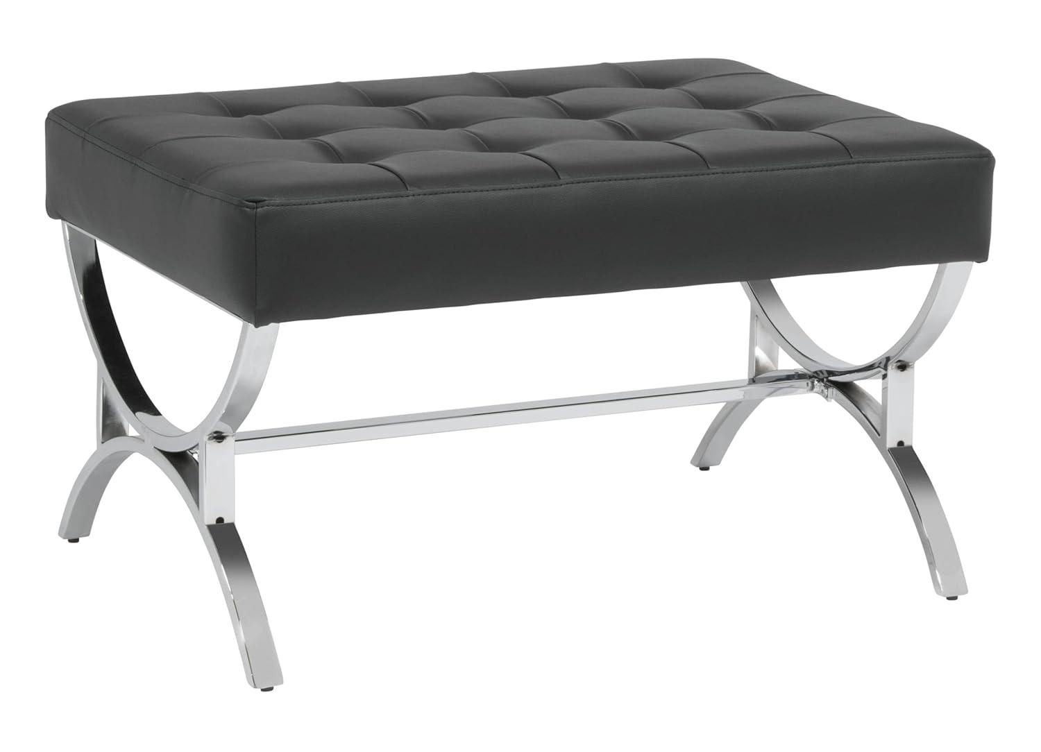 studio designs Newel Modern Square Ottoman Blended Leather and Chrome Metal Frame Chrome/Black: 18" High, Rectangular, Steel Base