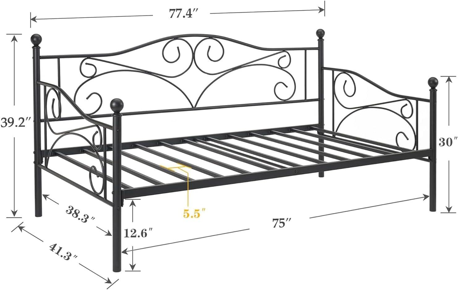 Black Twin Metal Daybed Frame with Headboard and Slats