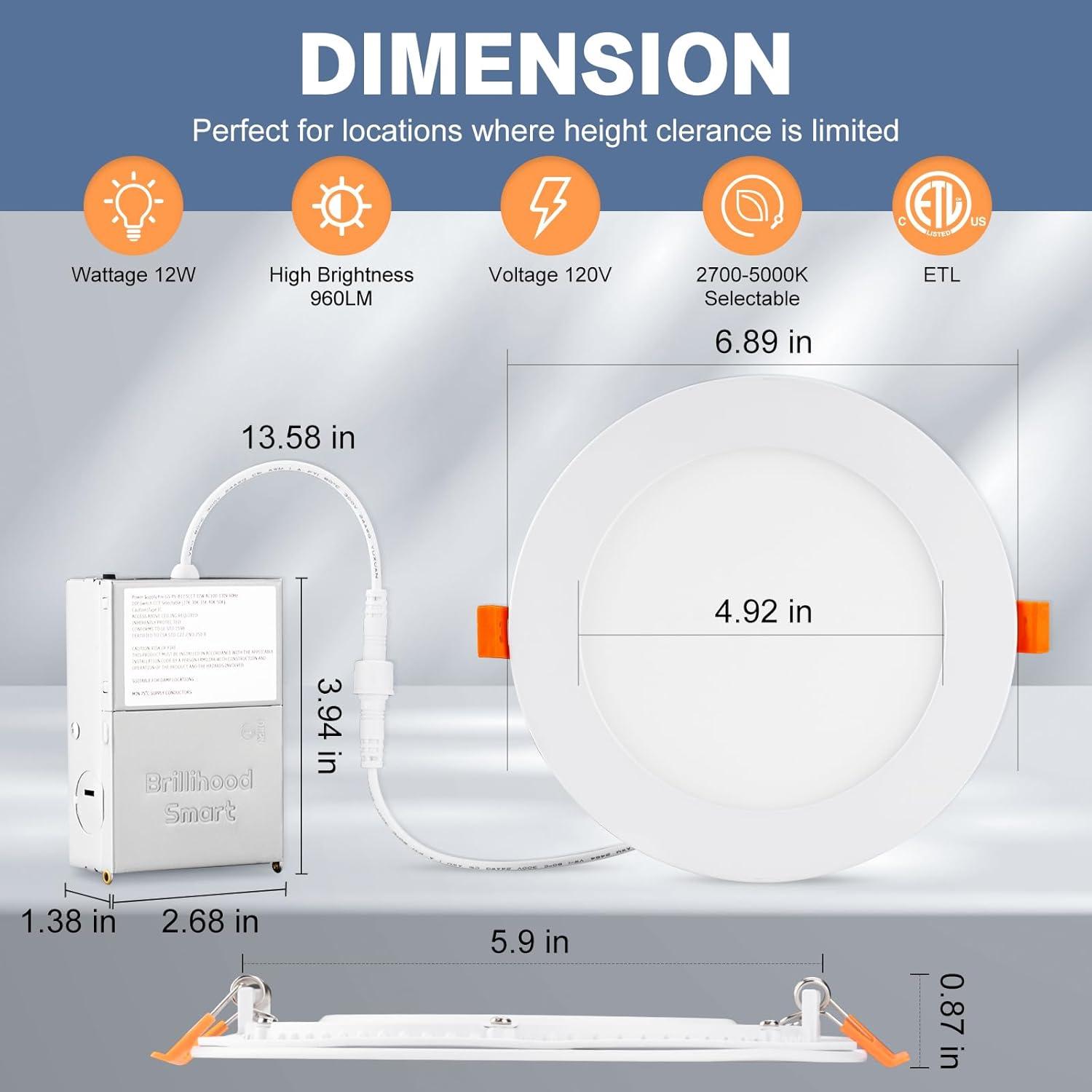 PARMIDA (12 Pack) 6 Inch Ultra-Thin LED Recessed Ceiling Light with Junction Box, 5CCT Color Selectable 2700K/3000K/3500K/4000K/5000K, 12W, Dimmable Canless Wafer Slim Panel Downlight, IC Rated, ETL