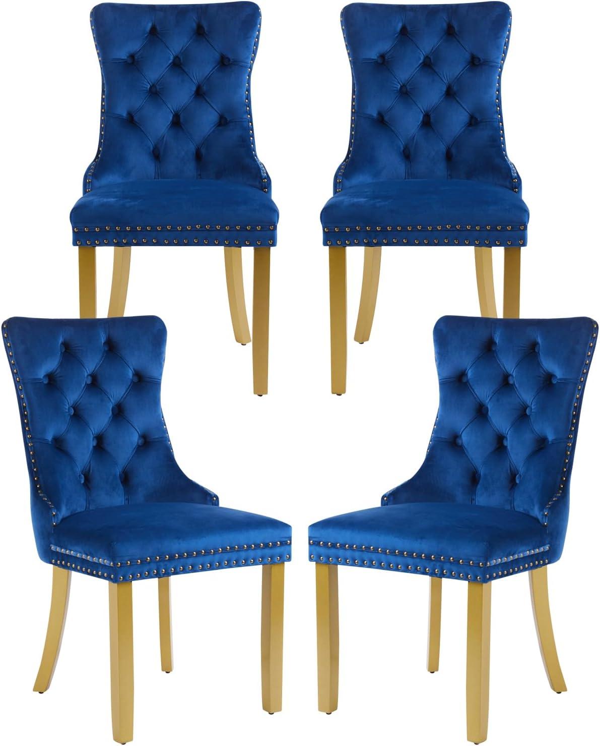 ODUSE-DAILY Velvet Dining Chairs Set of 4, Navy Kitchen & Dining Room Chairs, Tufted Dining Chairs, Fabric Upholstered, Solid Wood, Sillas De Comedor (Blue, 4 Pcs)