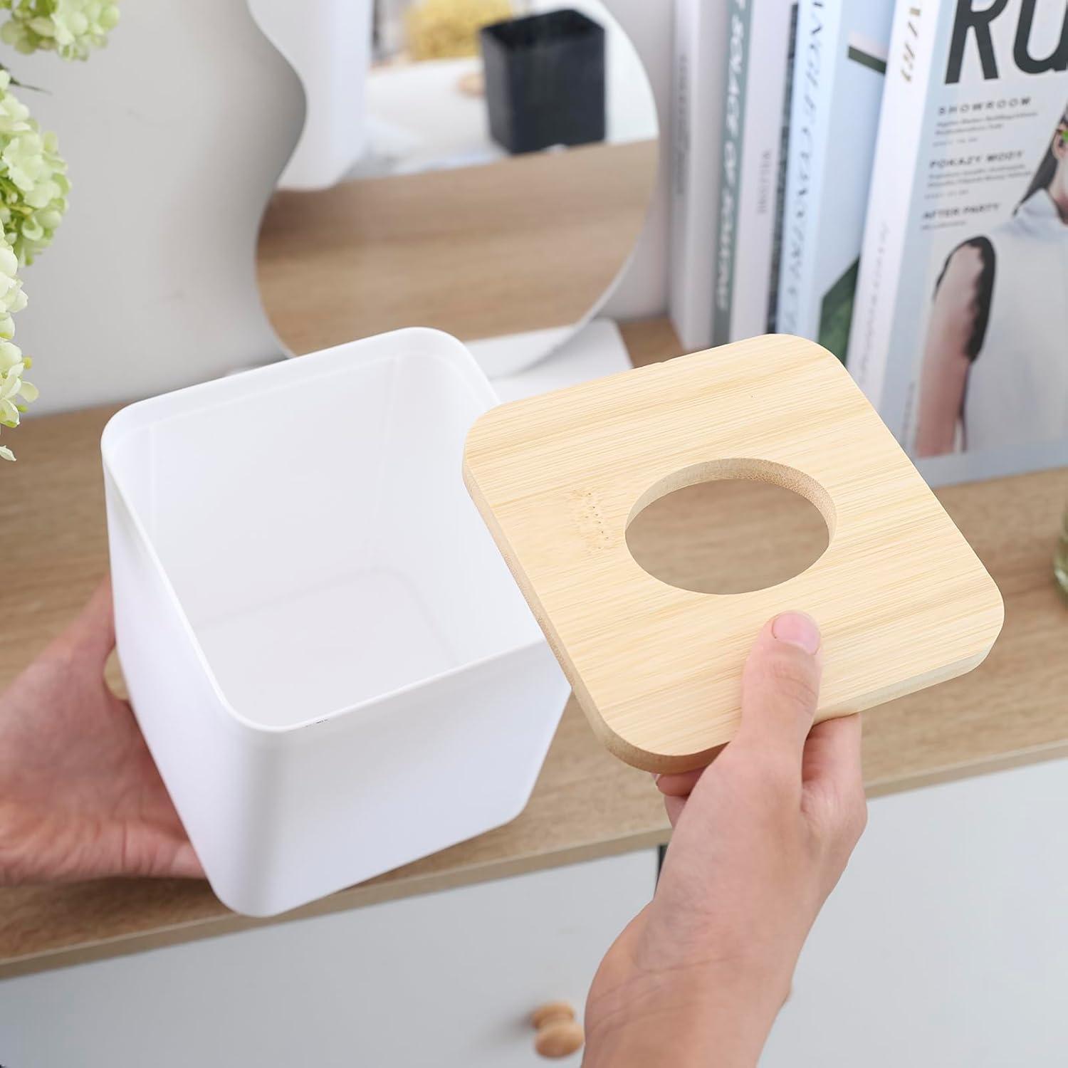 Square Tissue Box Cover,White Tissue Box Holder,Bamboo Facial Cube Box Cover for Storage on Bathroom Vanity, Countertop, Bedroom Dresser