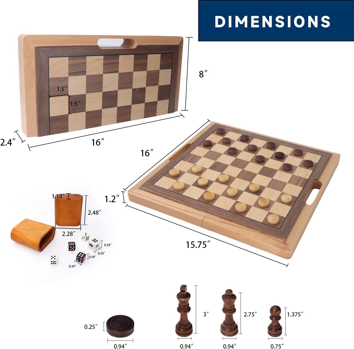 GSE 3-in-1 Wooden Folding Chess, Checker and Backgammon Board Game Combo Set