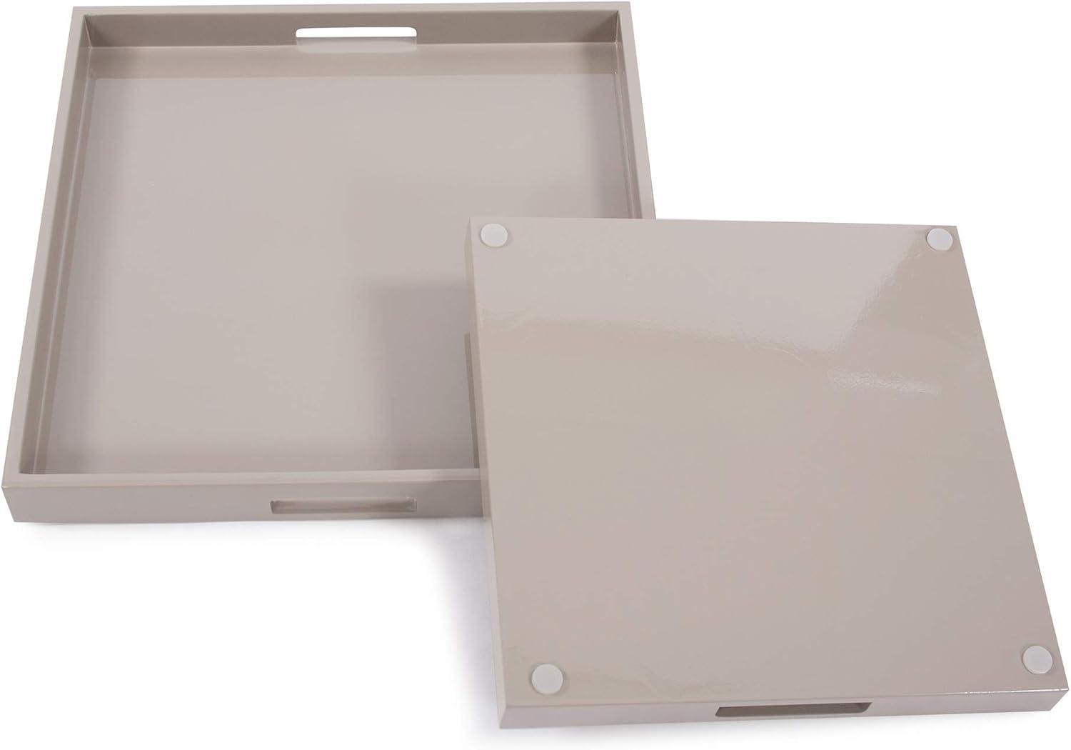 Taupe Glossy Lacquer Square Wood Tray Set of 2