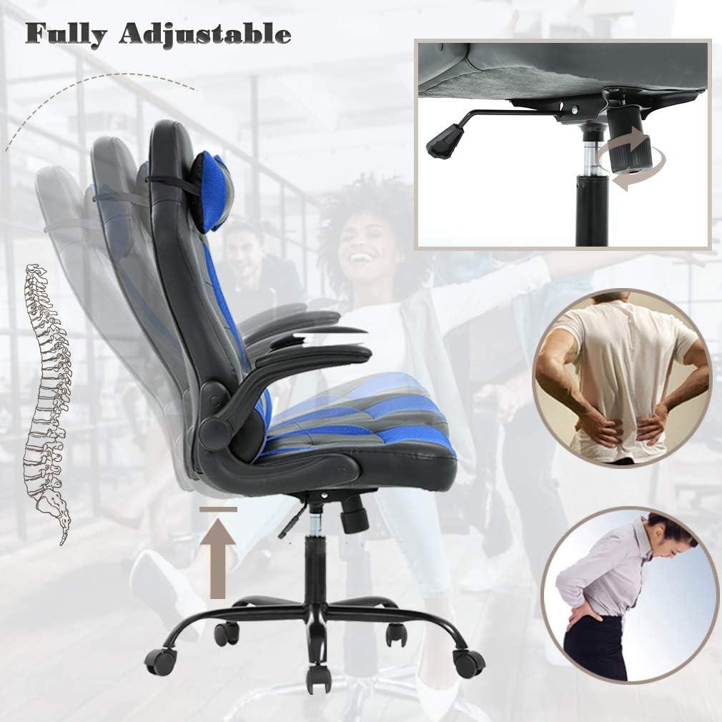 Adjustable Blue and Black PU Leather Gaming Chair with Lumbar Support