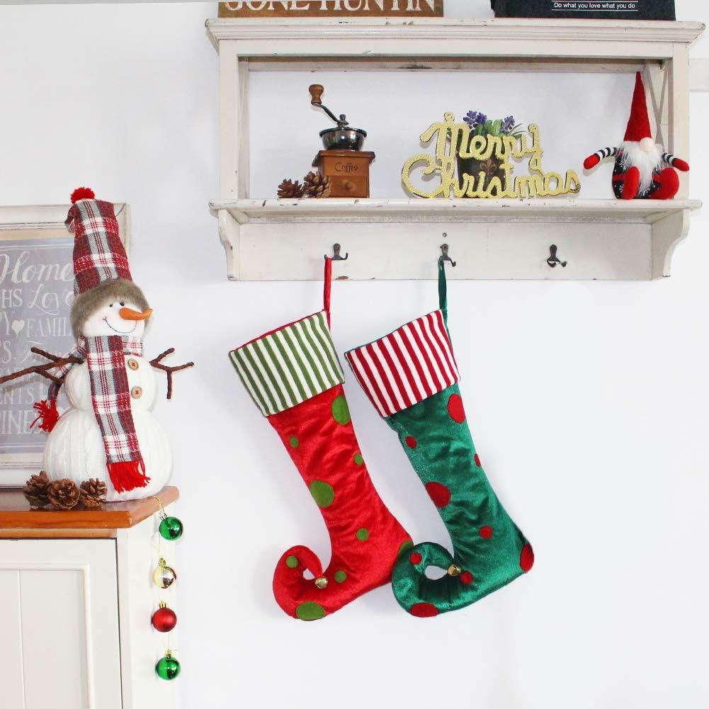 Festive Elf Pattern Red and Green Christmas Stockings with Faux Fur Cuff, 21in