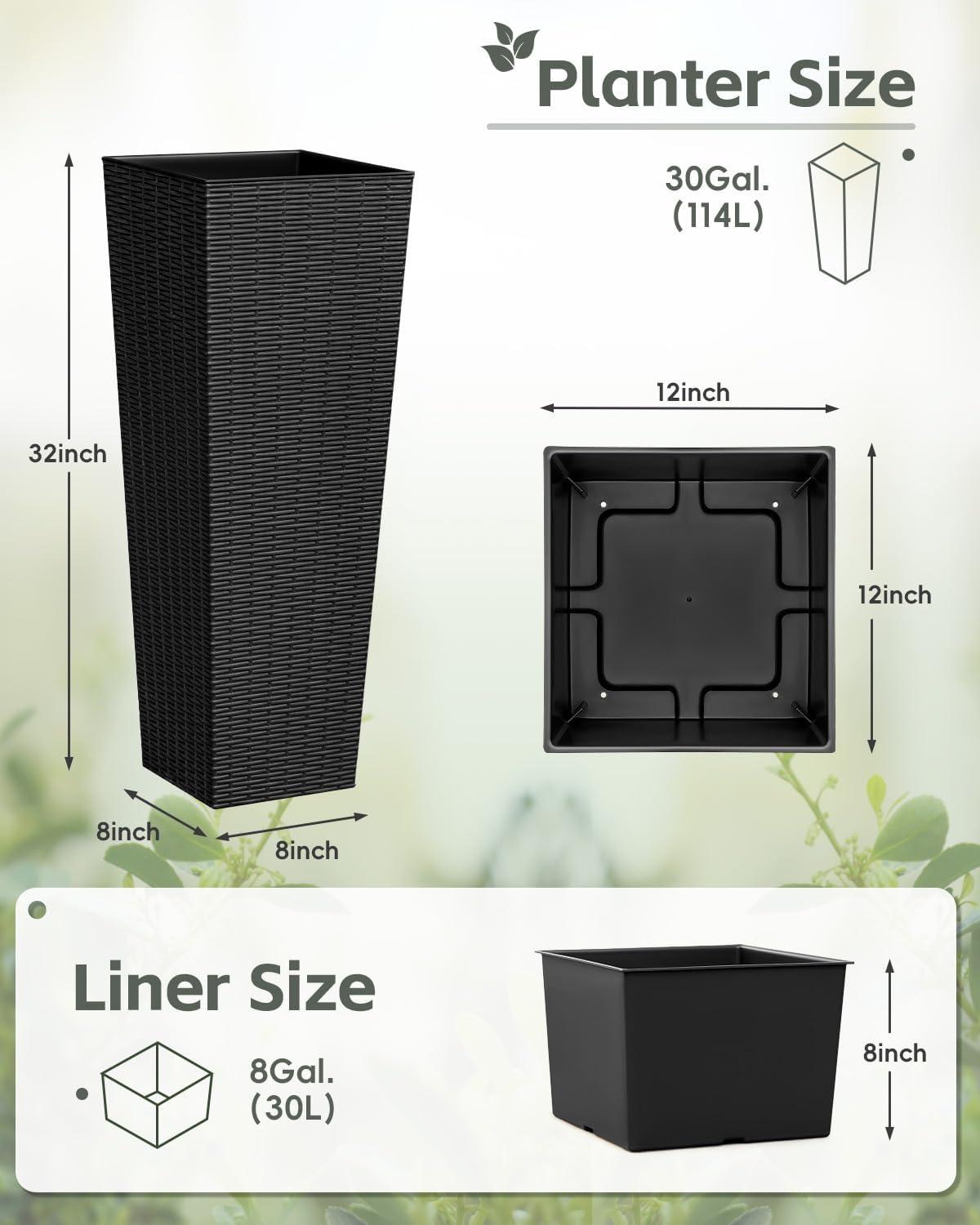 Greesum 32 Inch Tall Plastic Planters with Rattan Texture – Set of 2, Detachable Inner Pot & Drainage Holes, Indoor/Outdoor Decorative Flower Pots for Large Plants, Trees, Patio, and Garden, Black