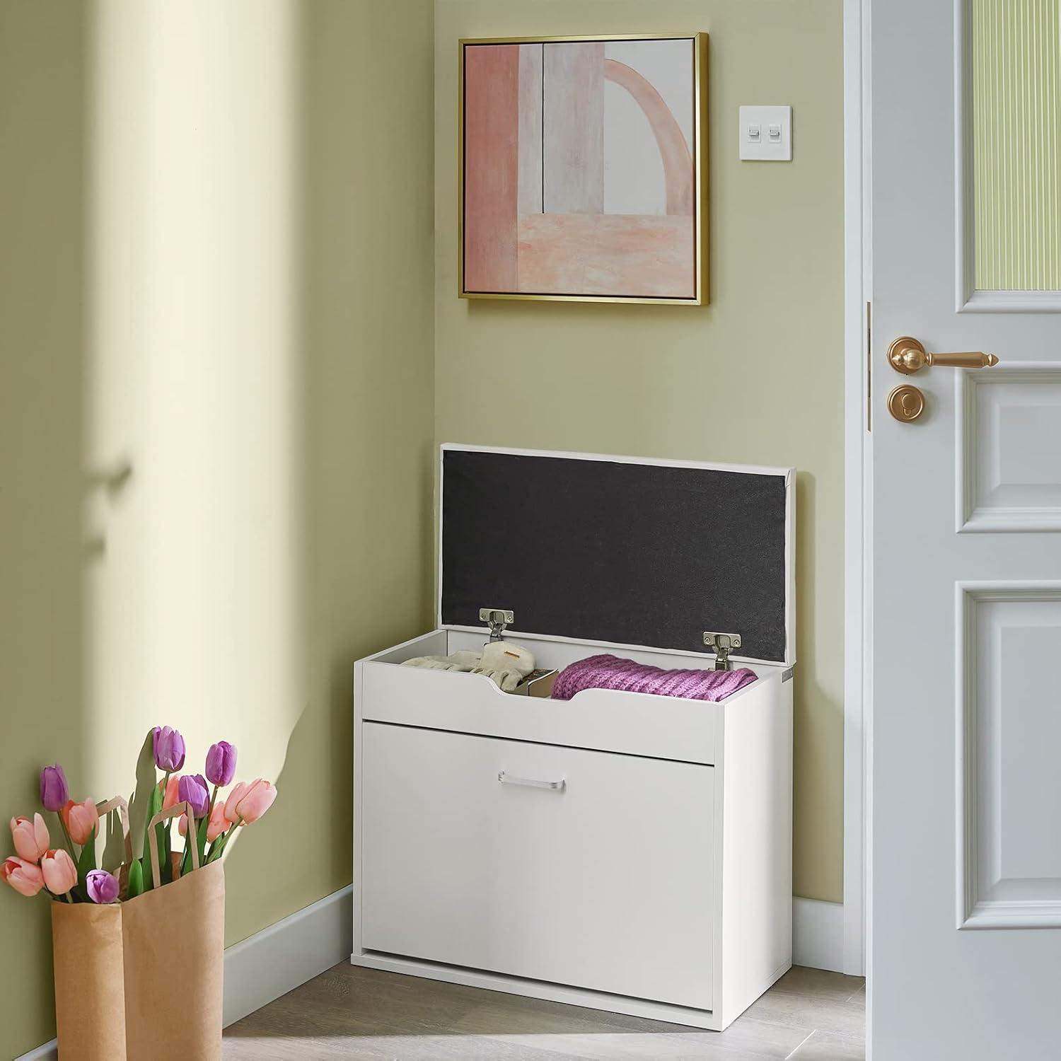 SoBuy Small Shoe Bench, Narrow Shoe Cabinet with Folding Padded Seat, Small Space Shoe Rack, White, FSR95-W