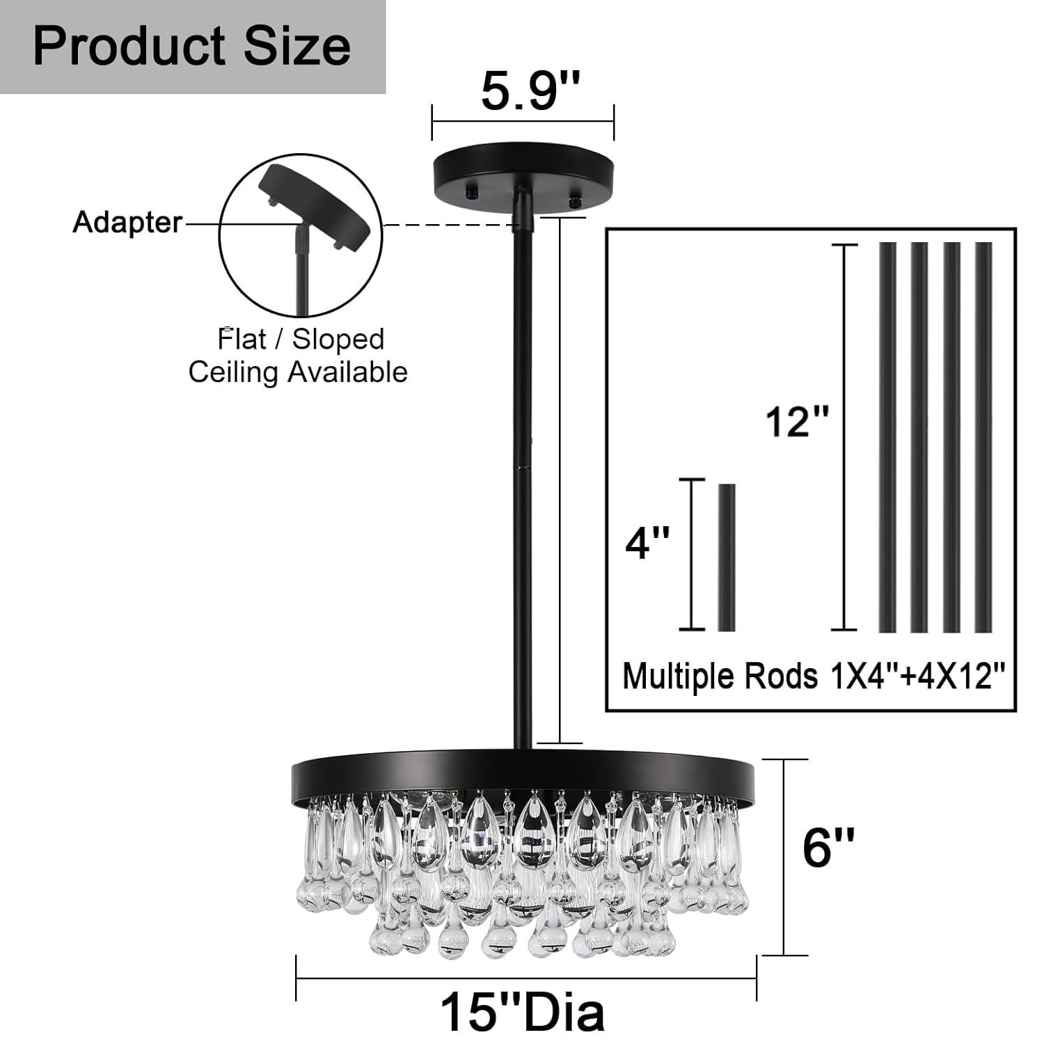 SEOL-Light Vintage Black Crystal Drops Close to Ceiling Light Fixture Round Tiered Chandeliers Large Flush Mount for Bedroom,Kitchen,Hallway,Dimmable,3 Light,120W,E12,15 Dia*6" H;