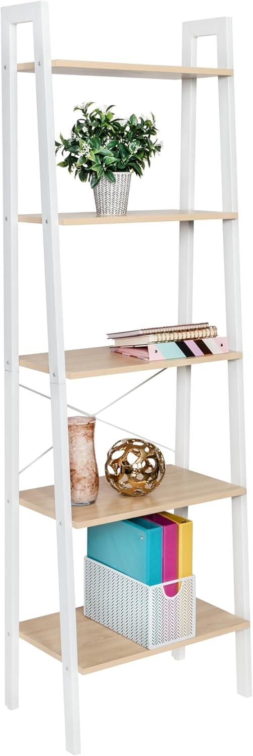 Honey-Can-Do 5 Tier Shelf: White Ladder Bookshelf, Steel Frame, 67.7" Height, 50 lb Capacity, Veneer Finish