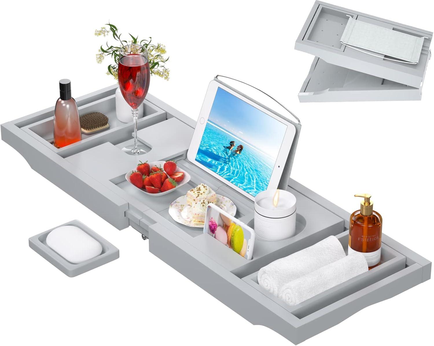 Artmalle Bathtub Tray Bath Caddy for Tub - Bamboo Adjustale Organizer Tray Bath Table for Bathroom, Foldable Luxury Tub Tray with Book Holder for Home Spa and Gift Choice, Gray