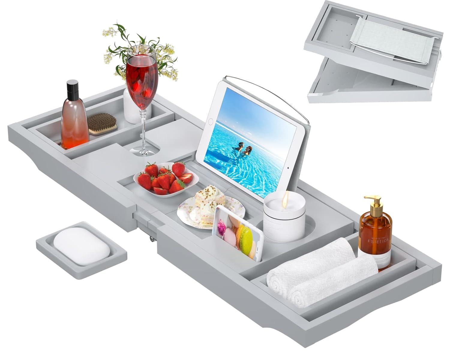 Artmalle Bathtub Tray Bath Caddy for Tub - Bamboo Adjustale Organizer Tray Bath Table for Bathroom, Foldable Luxury Tub Tray with Book Holder for Home Spa and Gift Choice, Gray