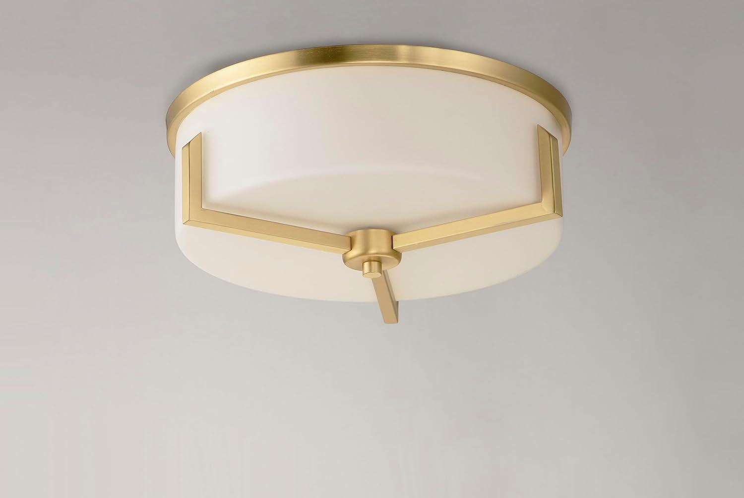 Satin Brass and White Glass 3-Light Drum Flush Mount