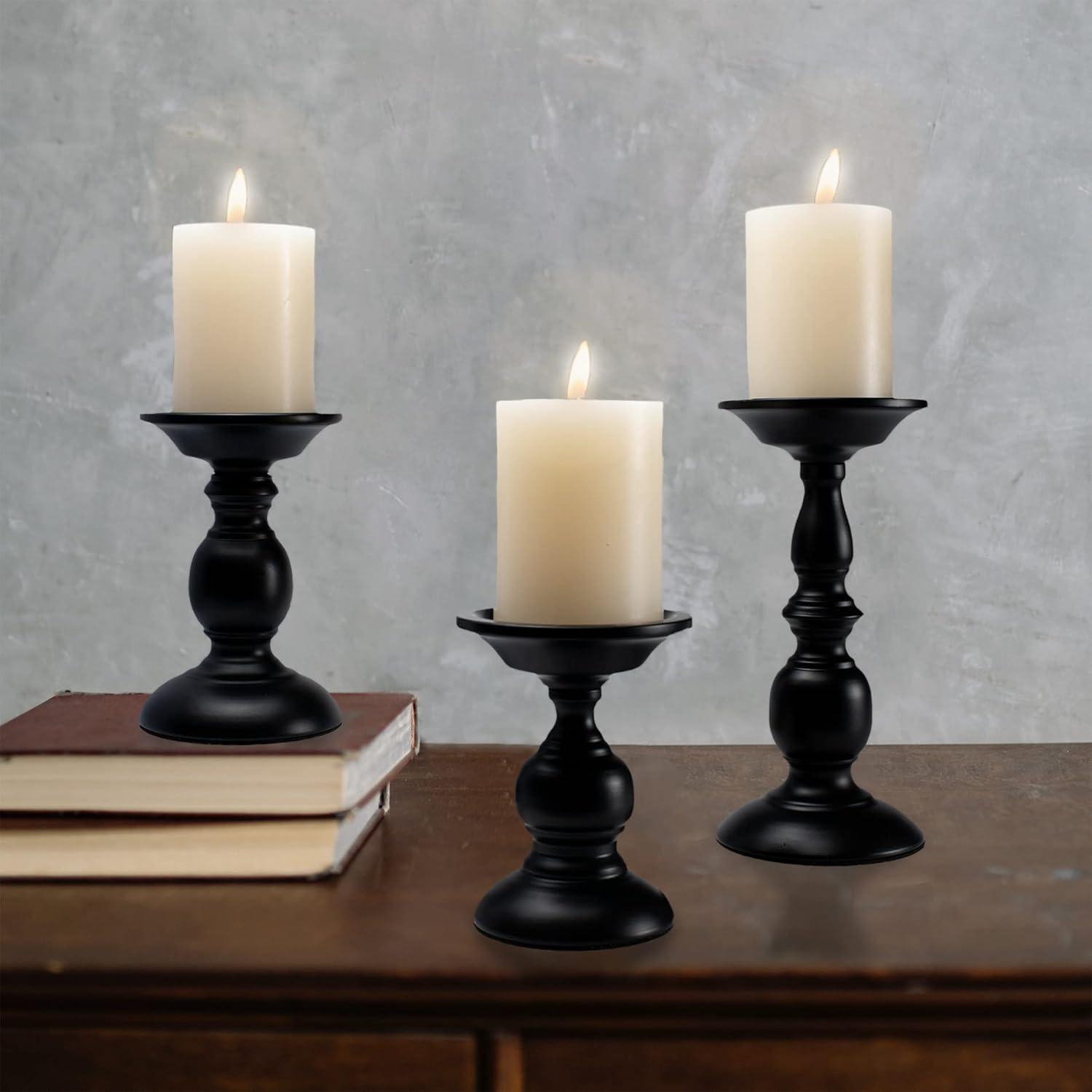 3 Pcs Black Metal Pillar Candle Holder, Iron Candle Stands, 5.3/6.8/9.1 Inches Tall Pillar Candle Holder Set,Scented Candle Stands, Retro Table Centerpiece Decor for Fireplace