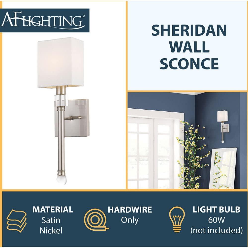 AF Lighting Elements Merritt Modern Satin Nickel Wall Sconce | Round Ivory Shade | Two Crystal Ornament Accents | 1-60W Candle Bulb, 9143-1W