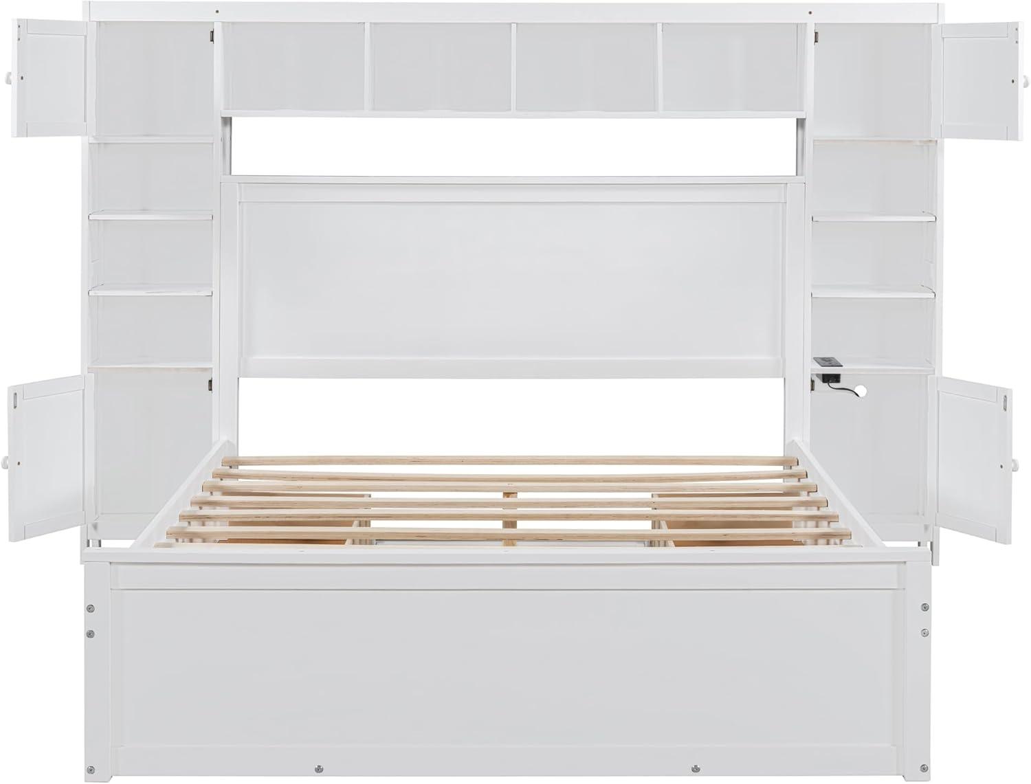 Merax Queen Size Platform Bed with 4 Drawers, Wooden Queen Bed with All-in-One Cabinet, Shelf and Sockets, White