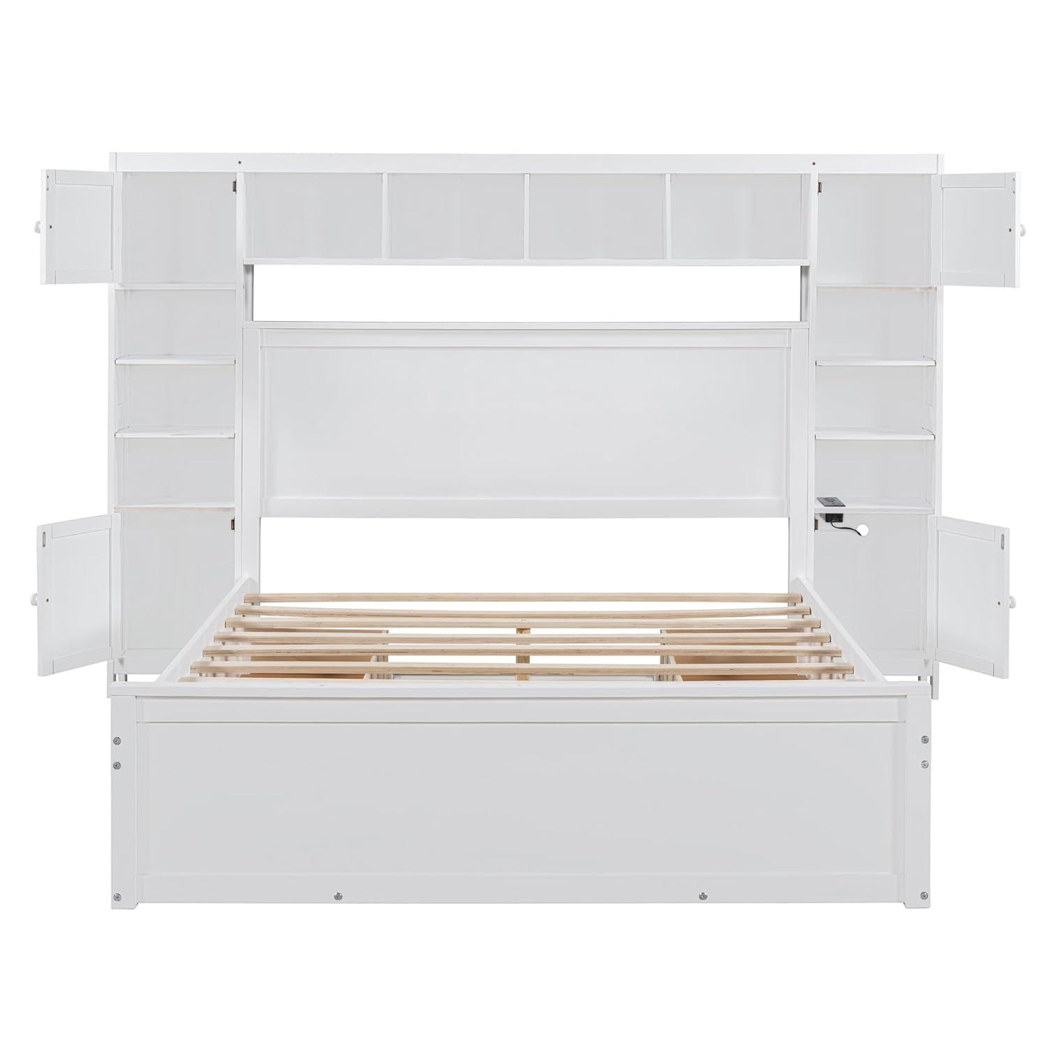 Merax Queen Size Platform Bed with 4 Drawers, Wooden Queen Bed with All-in-One Cabinet, Shelf and Sockets, White