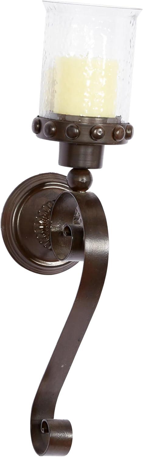 Brown Metal Scroll Wall Sconce with Glass Hurricane