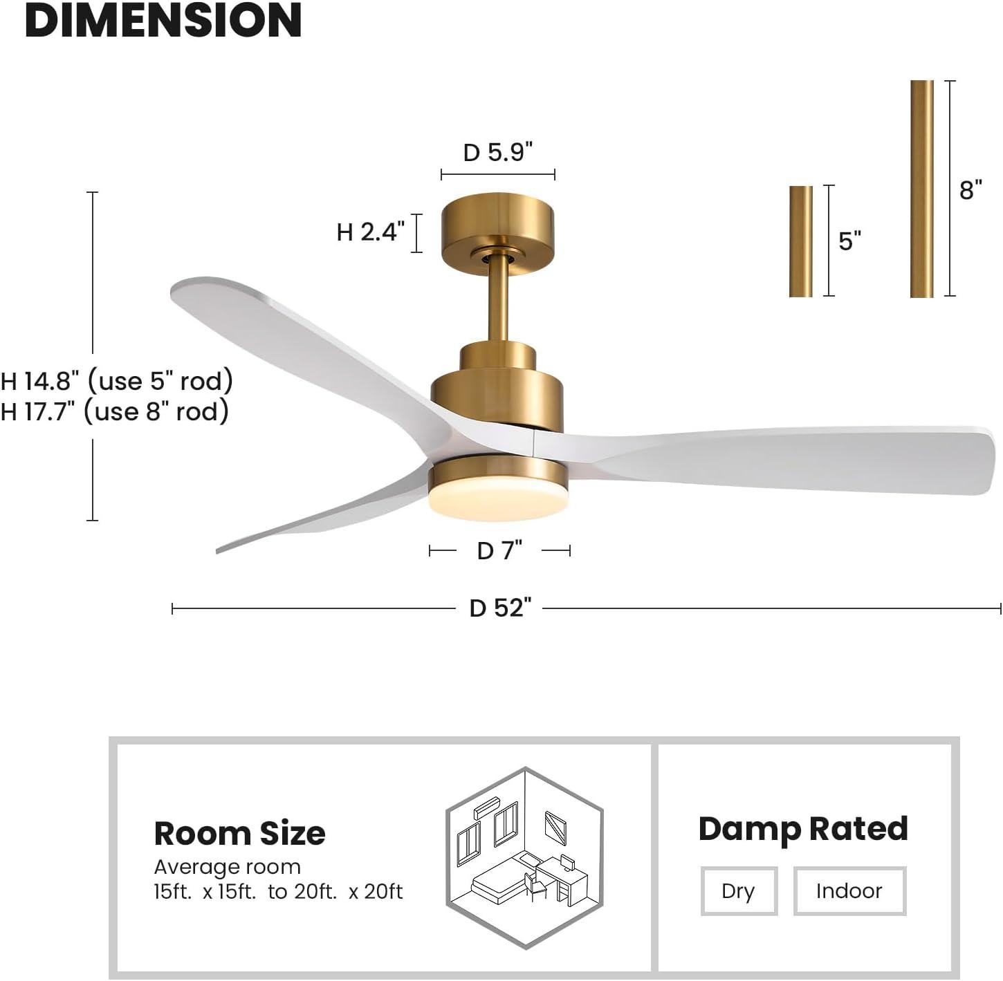 52 Inch Gold White Smart Ceiling Fans with Lights and Remote,Quiet DC Motor,for Modern Bedroom Living Room Patio