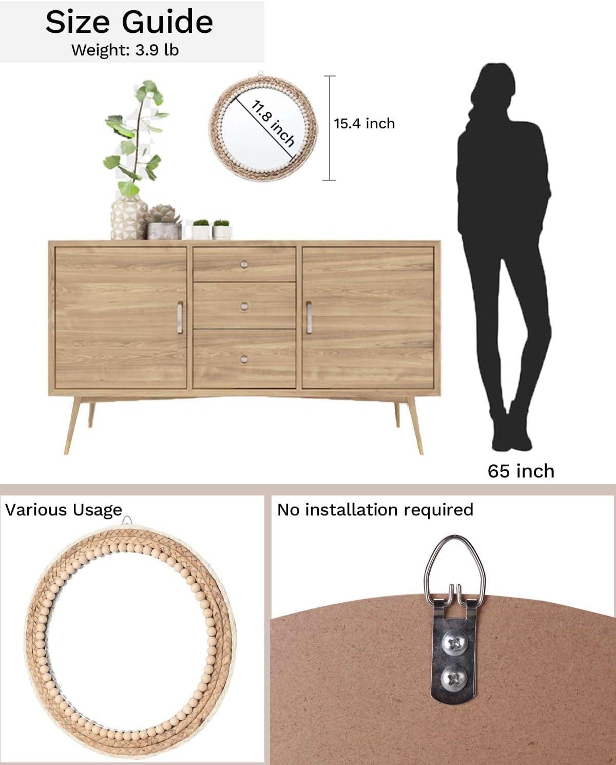 Poeme Boho Wall Mounted Round Mirror - 15 Inch Circle Rattan Decorative Hanging Mirror for Bedroom, Living Room & Bathroom