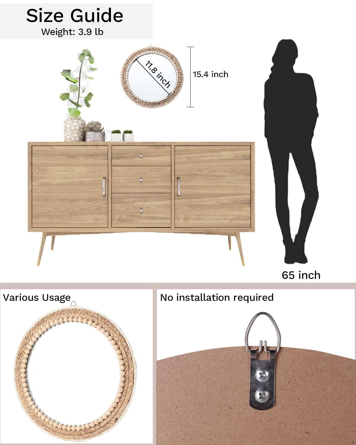 Poeme Boho Wall Mounted Round Mirror - 15 Inch Circle Rattan Decorative Hanging Mirror for Bedroom, Living Room & Bathroom