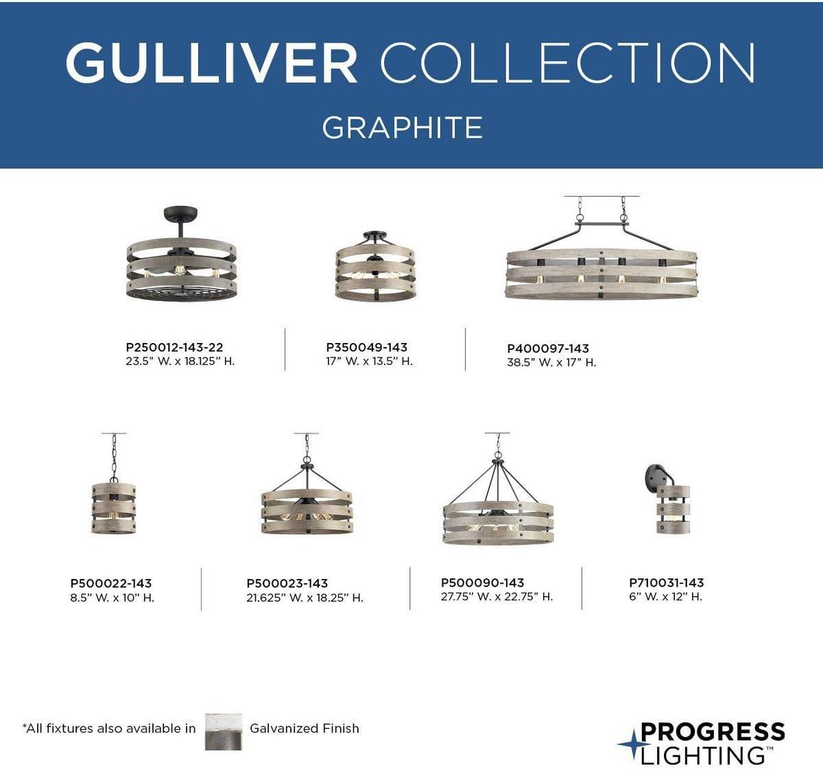 Progress Lighting Gulliver 3-Light Semi-Flush Convertible Ceiling Light, Graphite, Wood Grained Texture