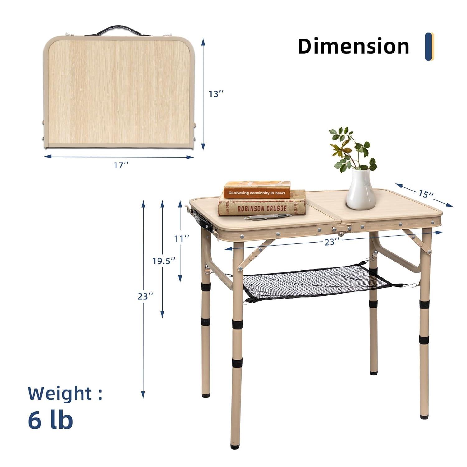 Small Folding Table 2FT Camping Table 3 Adjustable Height Lightweight Portable Aluminum Mini Foldable for Picnic Beach Indoor Outdoor, Yellow