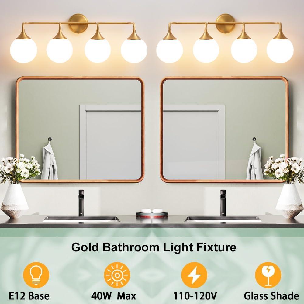 Brushed Gold 4-Light Vanity Fixture with White Glass Shades