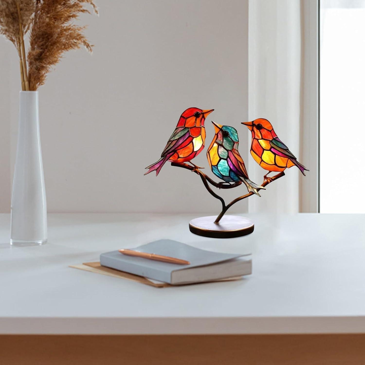 Stained Glass Birds on Branch Desktop Ornaments,Handmade Stained Glass Bird Suncatche,Double Sided Multicolor Style Birds Colors Alloy Ornaments,Suitable Home Patio and Bird Lover