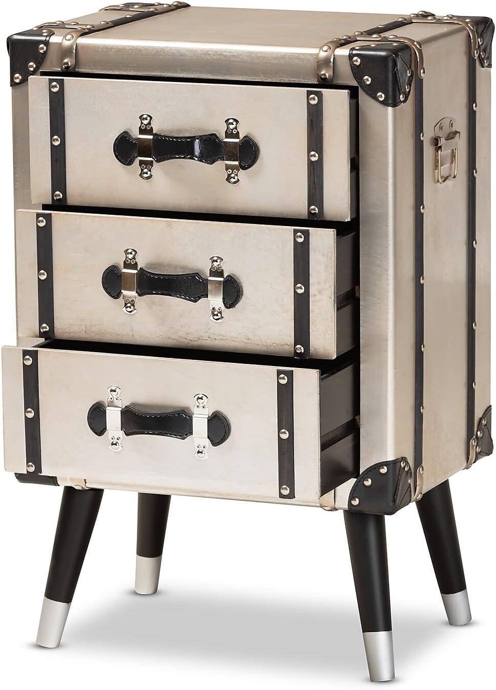 Dilan Metal 3 Drawer Nightstand Light Cream/Black - Baxton Studio: Vintage Style Bedside Storage