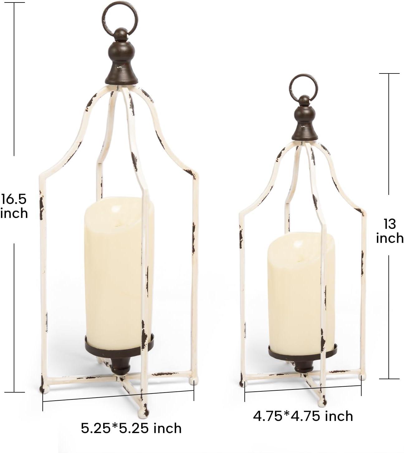 HPC Decor Lanterns Decorative for Home Decor- 16.5''13'' White Metal Candle Lanterns Set of 2- Modern Farmhouse Lantern Decor for Outdoor, Indoor, Living Room, Dining Table or Fireplace Mantle Decor