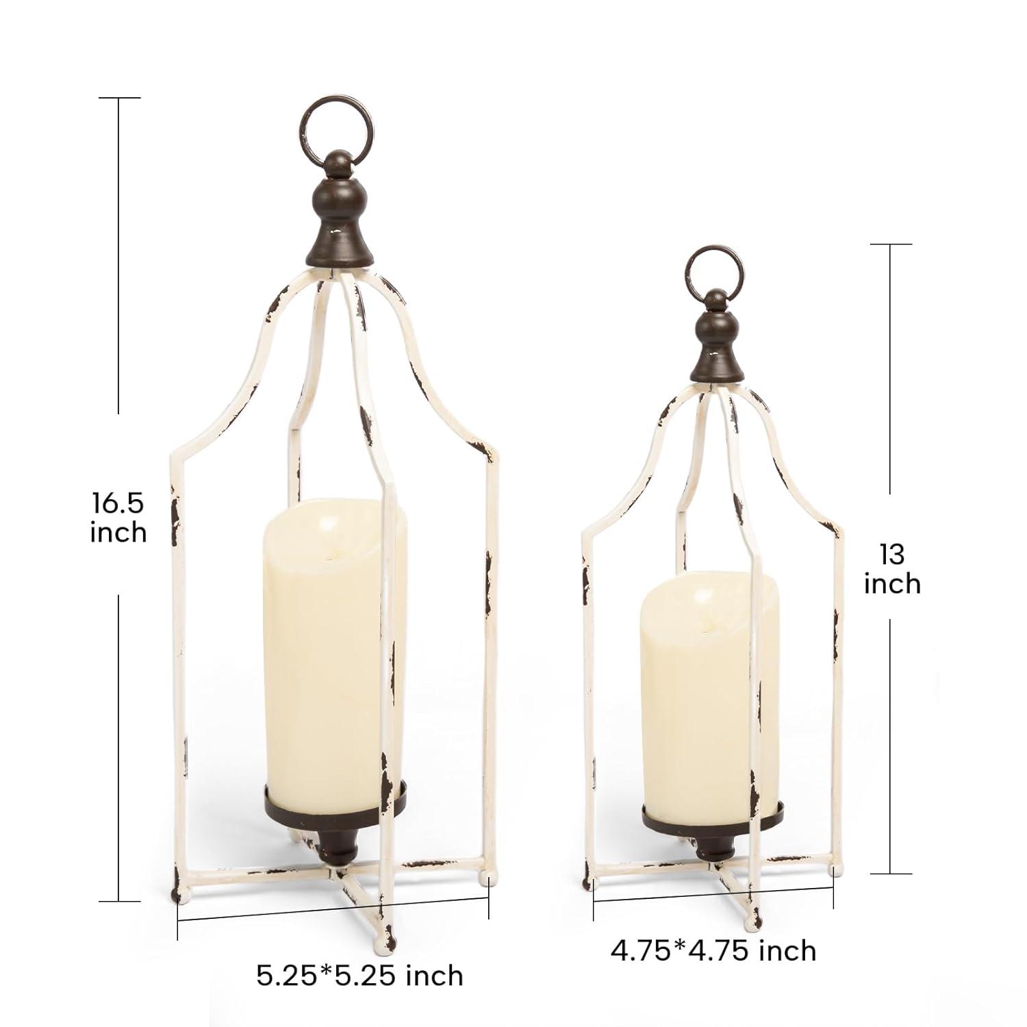 HPC Decor Lanterns Decorative for Home Decor- 16.5''13'' White Metal Candle Lanterns Set of 2- Modern Farmhouse Lantern Decor for Outdoor, Indoor, Living Room, Dining Table or Fireplace Mantle Decor