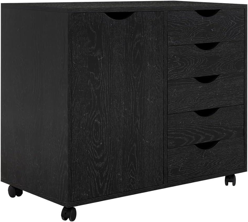 Amy 5 Drawer Chest, Wood Storage Dresser Cabinet with Wheels, Craft Storage Organizer, Makeup Drawer Unit for Closet, Bedroom Distressed Black