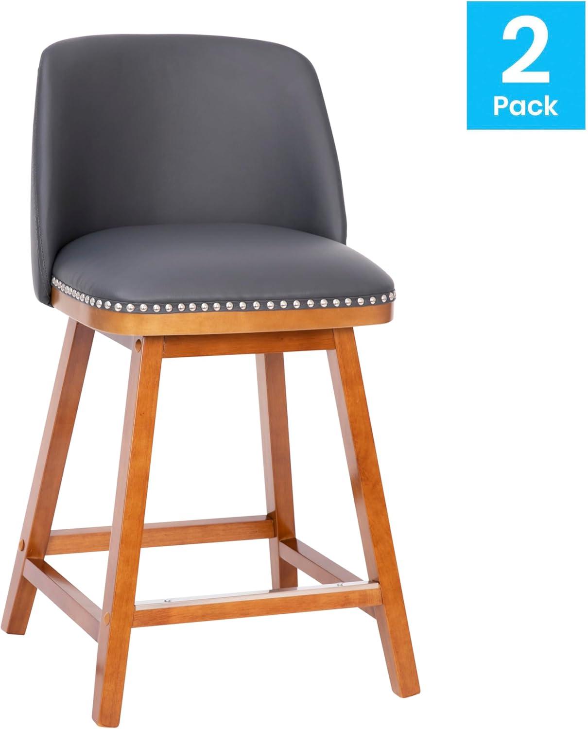 Flash Furniture 2 Pack Commercial Walnut Finish Wood Barstools with Nail Trim-Charcoal Faux Linen