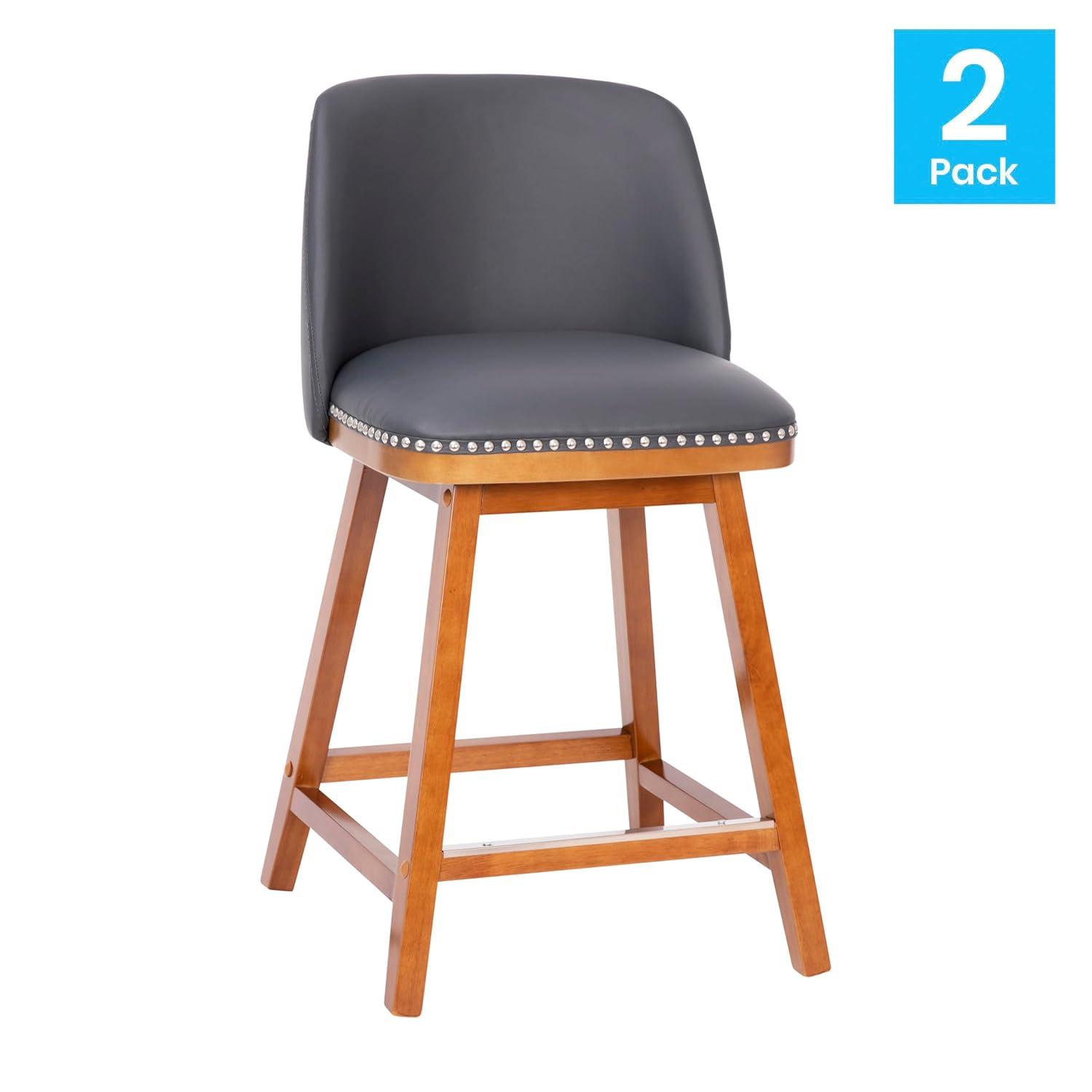 Flash Furniture 2 Pack Commercial Walnut Finish Wood Barstools with Nail Trim-Charcoal Faux Linen