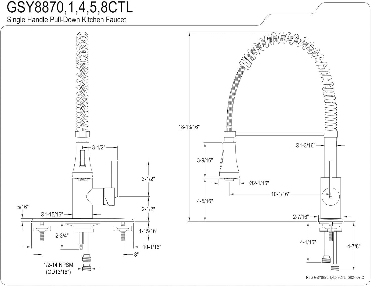 Kingston Brass GSY8875CTL Kingston Brass Continental Single-Handle 1-or-3 Hole Deck Mount Pre-Rinse Kitchen Faucet
